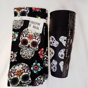 Sugar Skull Cups (6) & Kitchen Hand Towels (2)